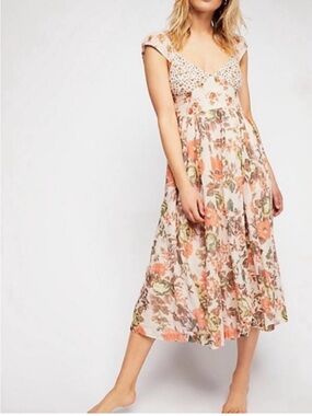 Free People Floral Midi Dress Smocked Back Pockets Cottagecore Prairie Size S